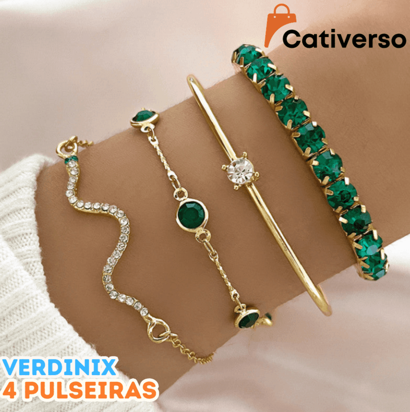 Verdinix - Conjunto de 4 pulseiras de cobra com strass verde