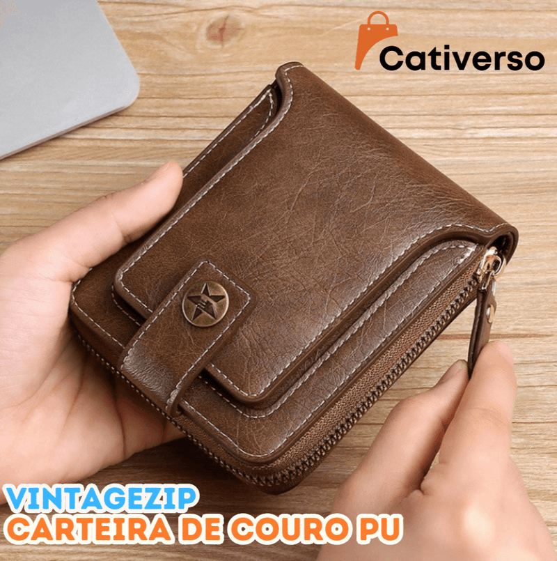 VintageZip - Carteira de Couro PU Masculina com Fecho Hasp e Zíper