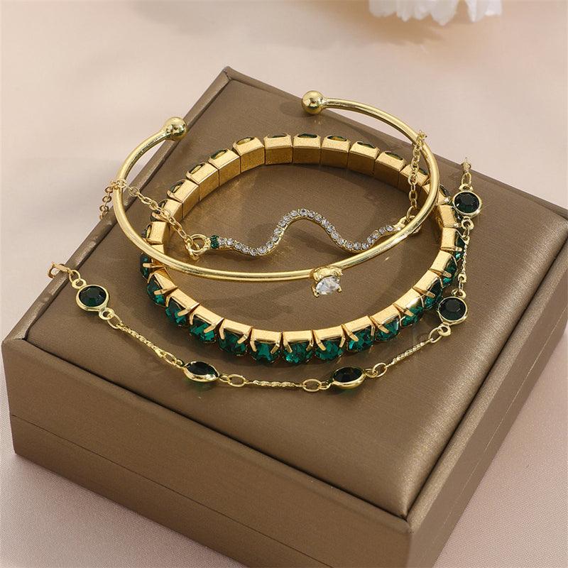 Verdinix - Conjunto de 4 pulseiras de cobra com strass verde