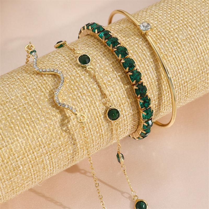 Verdinix - Conjunto de 4 pulseiras de cobra com strass verde