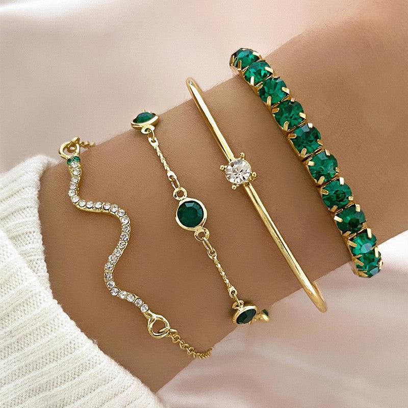 Verdinix - Conjunto de 4 pulseiras de cobra com strass verde